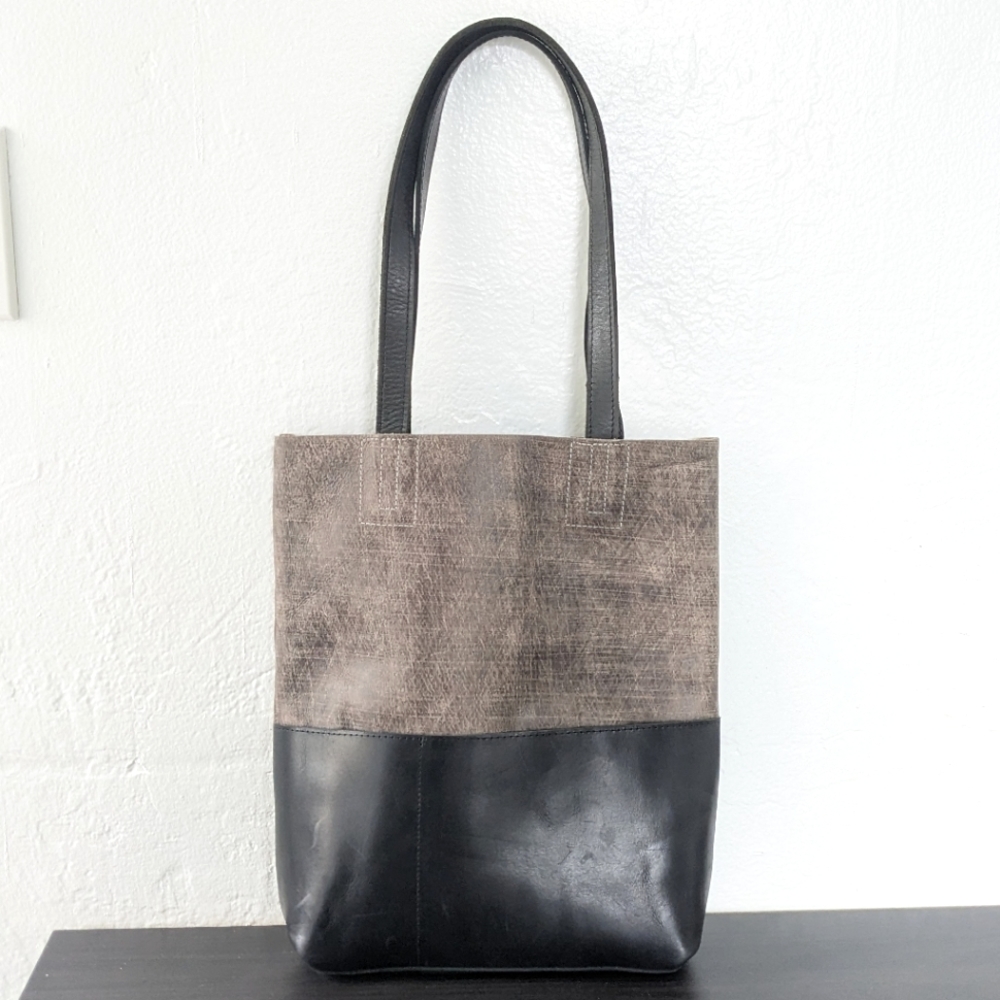 Olive and Cocoa Slate and Black Textured Leather Tote Bag